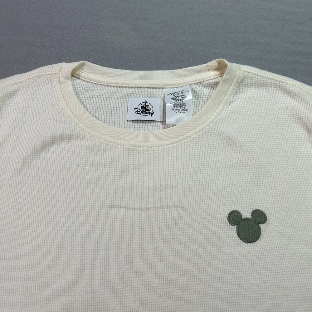 Disney Shirt Adult Large Beige Thermal‎ Waffle Knit Micky Mouse Embroidered Crew